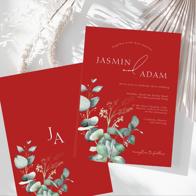 Convites Casamento de Crimson Red Eucalyptus Greenery Monog (Crimson Red Eucalyptus Greenery Monogram Wedding Invitation)