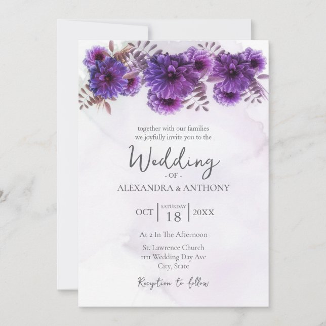 Convites Casamento de Crisântemo com Aquarela Roxa (Frente)
