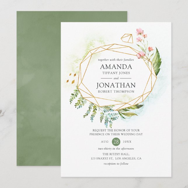 Convites Casamento de Cristal Geométrico com Aquarela Verde (Frente/Verso)