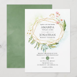 Convites Casamento de Cristal Geométrico com Aquarela Verde