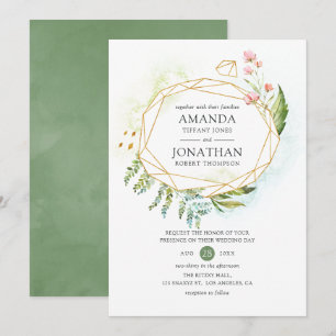 Convites Casamento de Cristal Geométrico com Aquarela Verde