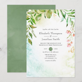 Convites Casamento de Cristal Geométrico com Aquarela Verde
