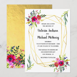Convites Casamento de Cristal Geométrico Dourado Floral