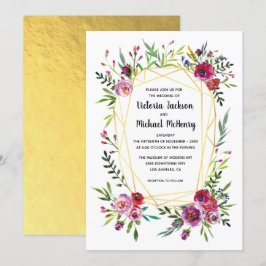 Convites Casamento de Cristal Geométrico Dourado Floral