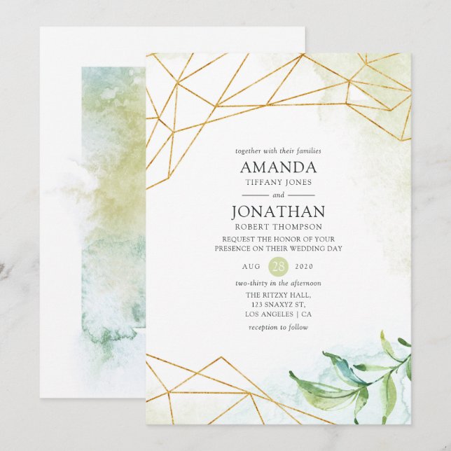 Convites Casamento de Cristal Geométrico por Aquarela (Frente/Verso)