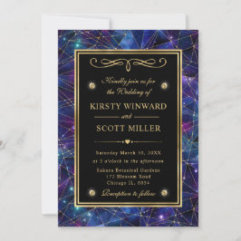 Convites Casamento de Crystal Galaxy Midnight Roxo e Dourad
