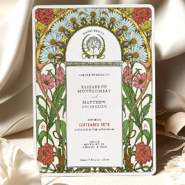 Convites Casamento de Daisies e Zinnias Rosa Art Nouveau