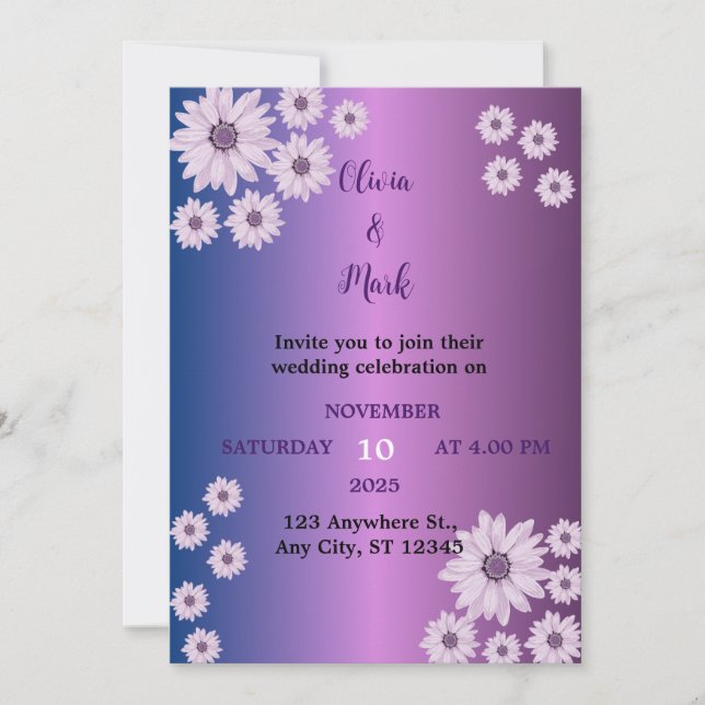Convites Casamento de Daisy Flower com Gradiente Azul Roxo  (Frente)