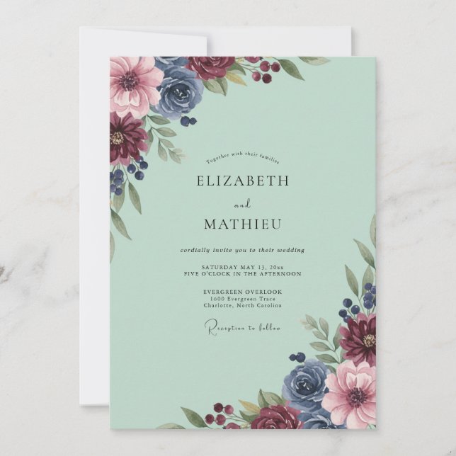 Convites Casamento de Dália Burgundy Mint (Frente)
