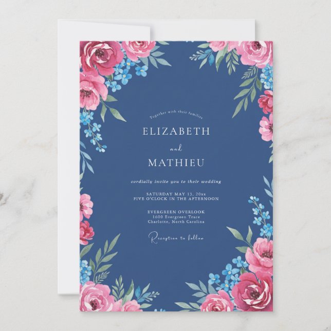 Convites Casamento de Dália Magenta Azul Aço (Frente)