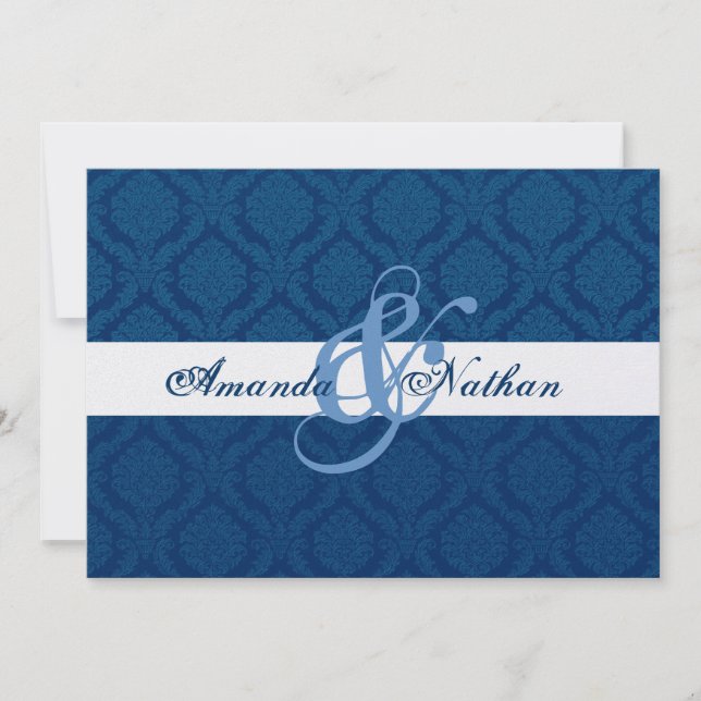 Convites Casamento de Damasco Azul-Marinho e Branco (Frente)