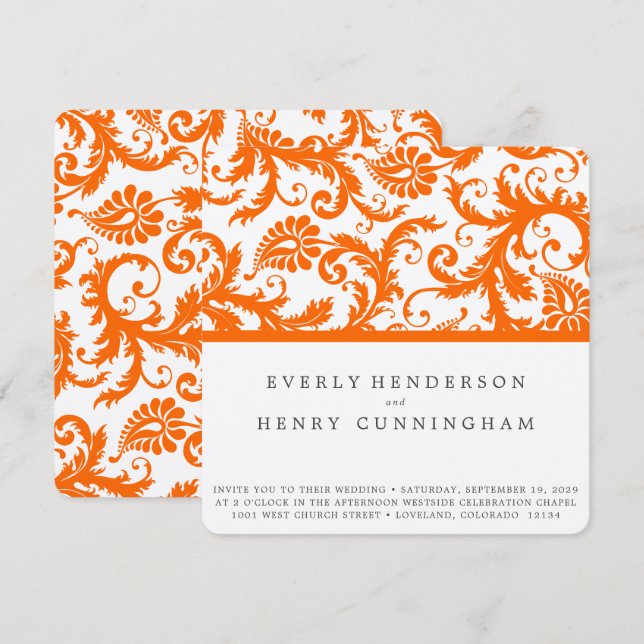 Convites Casamento de Damasco de Terracota Coral Laranja  (Frente/Verso)