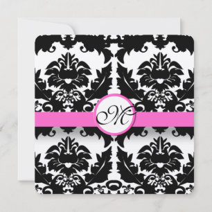 Convites Casamento de Damasco Floral Preto e Branco com Cor