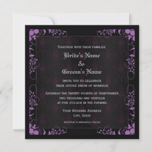 Convites Casamento de Damasco Floral Preto e Roxo Elegante