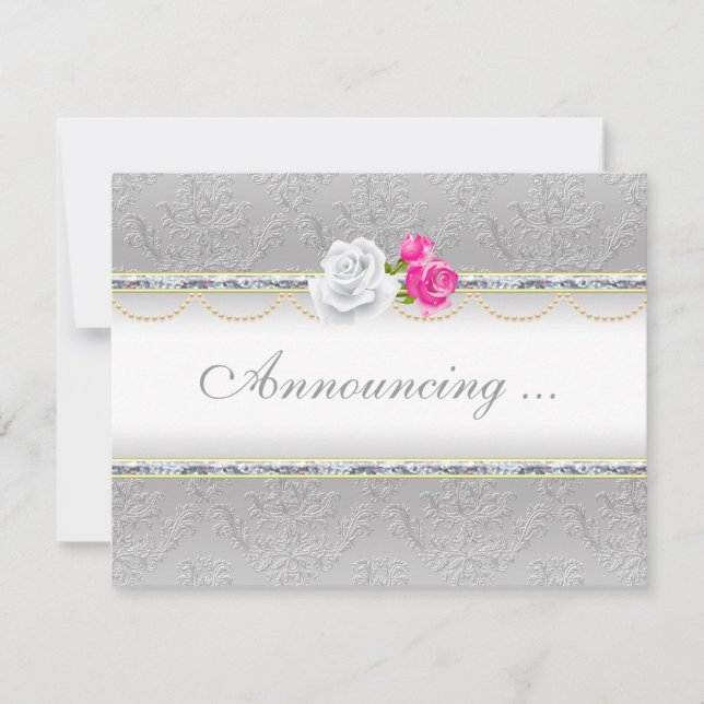 Convites Casamento de Damasco Prateado e Rosa Pink Elegante (Frente)
