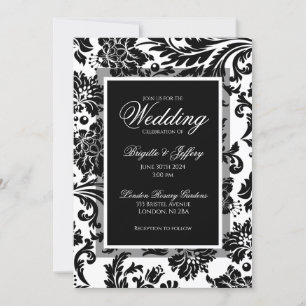Convites Casamento de damasco preto e branco elegante