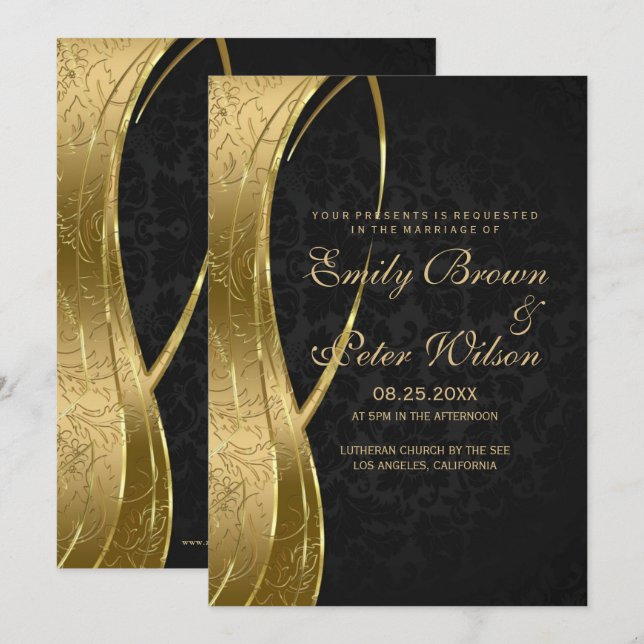 Convites Casamento de Damasco Preto e Dourado Elegante (Frente/Verso)