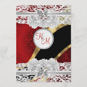 Convites Casamento de damasco vermelho e monograma branco