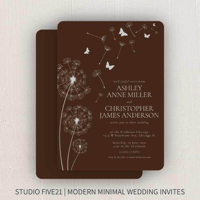 Convites Casamento de Dandelion Marrom, Moderno e Simples (Criador carregado)
