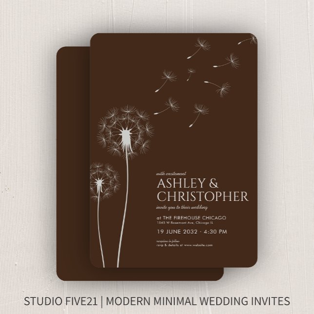 Convites Casamento de Dandelion Marrom, Moderno e Simples (Criador carregado)