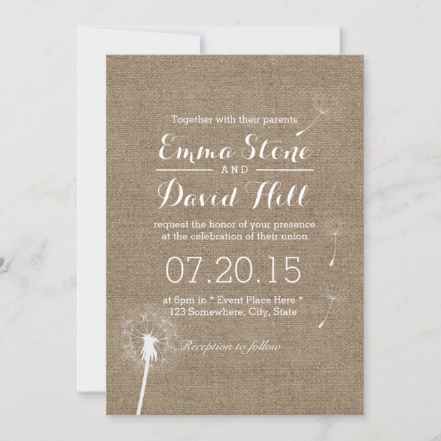 Convites Casamento de Dandelion Soprado em Burlap Elegante (Frente)