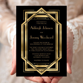 Convites Casamento de Deco da 1920 de Vintagem Dourada Pret