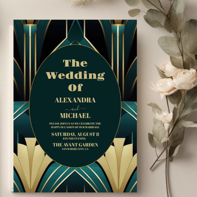 Convites Casamento de Deco Verde e Dourado Elegante (Criador carregado)