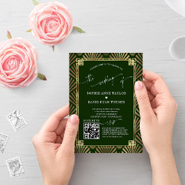 Convites Casamento de Deco Verde Escuro Dourado do Código Q