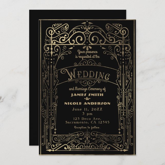 Convites Casamento de Deco Vitoriano Preto e Dourado (Frente/Verso)