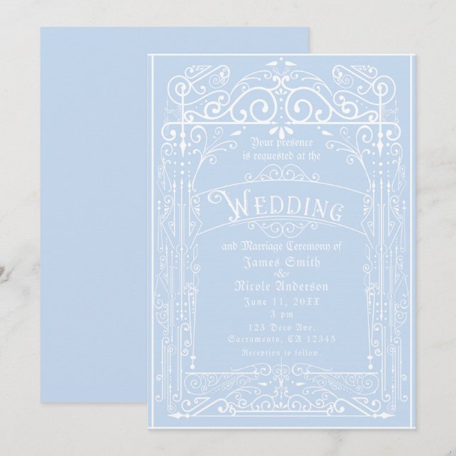 Convites Casamento de Deco Vitoriano Vitoriano Azul-Claro e (Frente/Verso)