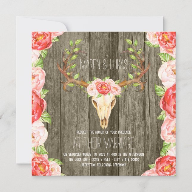 Convites Casamento de Deer Antler Rustic Wood Southwestern (Frente)