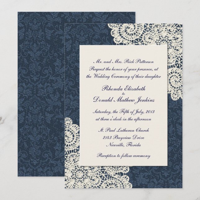 Convites Casamento de Denim Damask & Ivory Lace 2, País Chi (Frente/Verso)