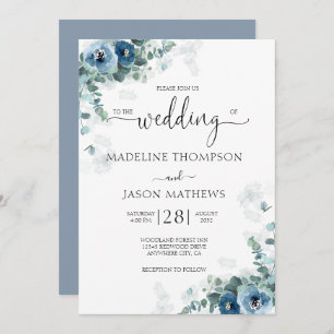 Convites Casamento de Derramado Azul Floral Elegante