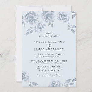 Convites Casamento de Derramado Azul Floral Elegante