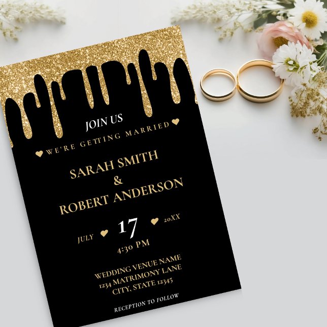Convites Casamento de Derramamento de Literatura Preta e Do (Black & Gold Glitter Drip Wedding Invitation)