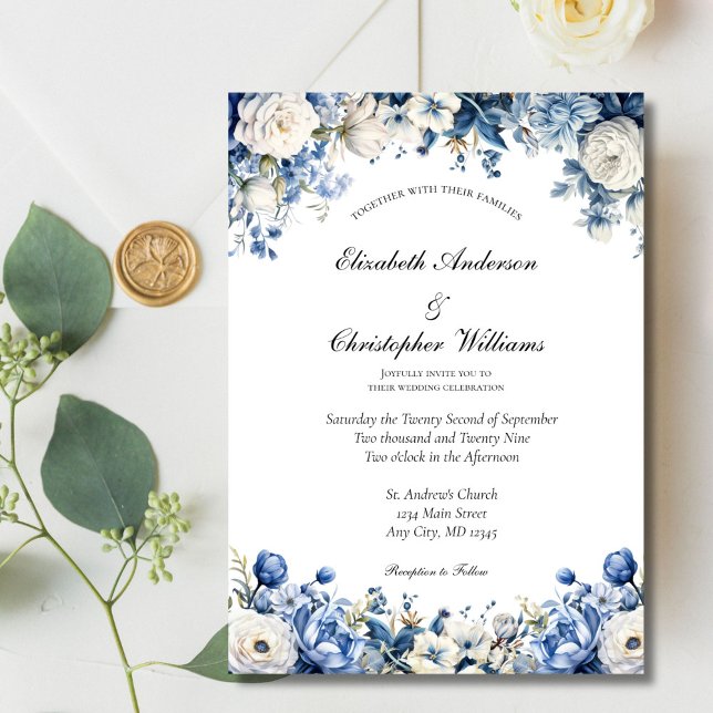 Convites Casamento de Derrame Azul Branco Elegante Floral (Dusty blue white watercolor Floral wedding invitation. Printed or Digital Download)