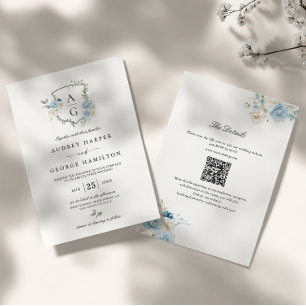 Convites Casamento de Derrame Azul Elegante Monograma Flora