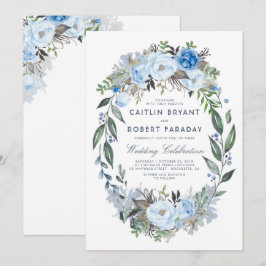 Convites Casamento de Derrame Azul Floral Elegante Watercol