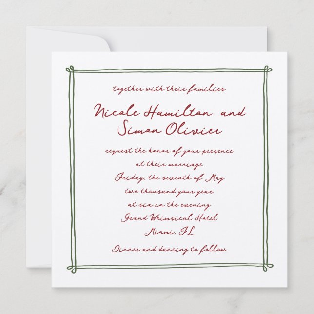 Convites Casamento de Desenho de Mão Branca Verde (Frente)