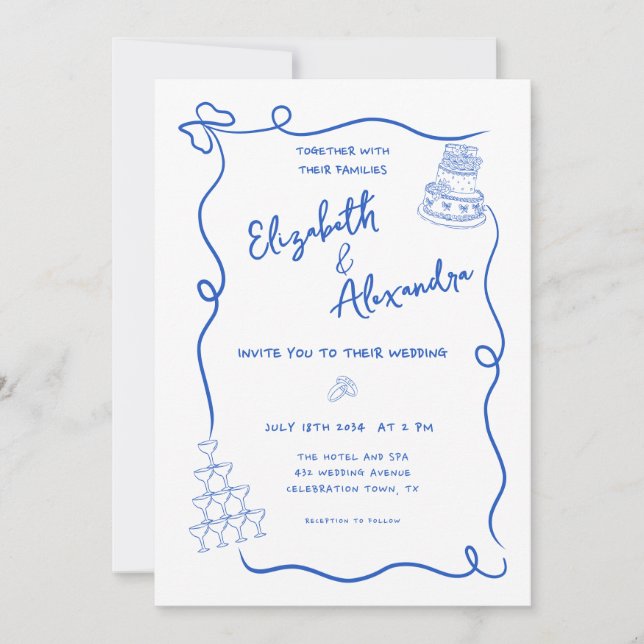 Convites Casamento De Desenho De Mão De Branco Azul (Frente)