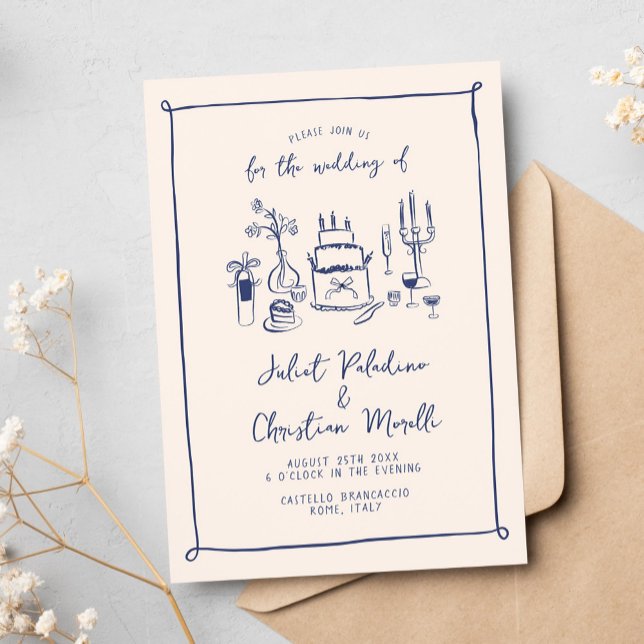 Convites Casamento de Desenho de Mão Escrivível Whimsical (whimsical hand drawn wedding invitation with wedding table cake and drink illustrations)