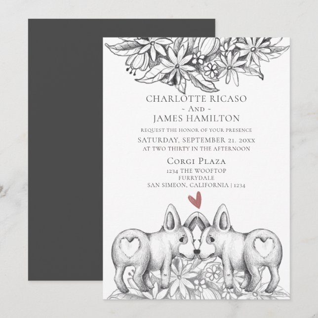 Convites Casamento de Desenho do Cão Corgi Bonito (Frente/Verso)