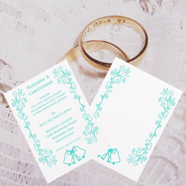 Convites Casamento de Design de Carris de Peruca (Turquoise wedding invitation bells scrollwork design)