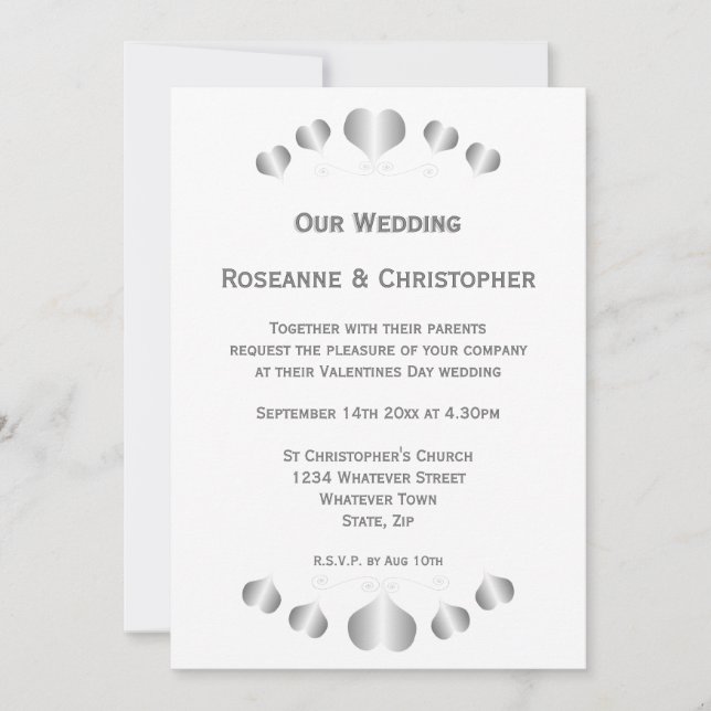 Convites Casamento de Design de Corações de Prata (Frente)