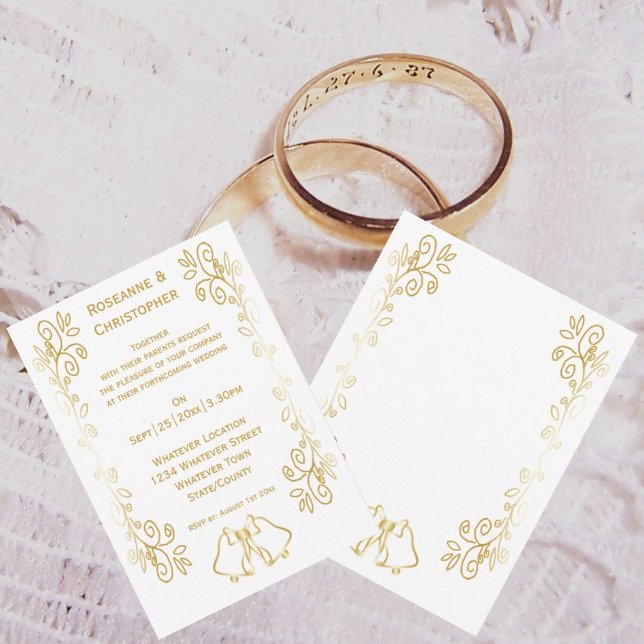 Convites Casamento de Design de Corda Dourada com Bells (Gold bells scrollwork wedding invite)