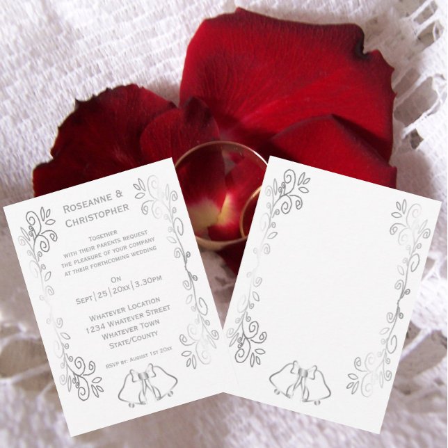 Convites Casamento de Design de Rolagem de Silver Bells (Silver wedding invitation bells and scrollwork design)