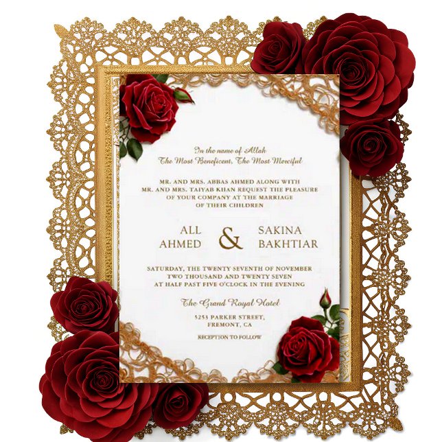 Convites Casamento de Design Floral Dourada Elegante e Rosa (Criador carregado)