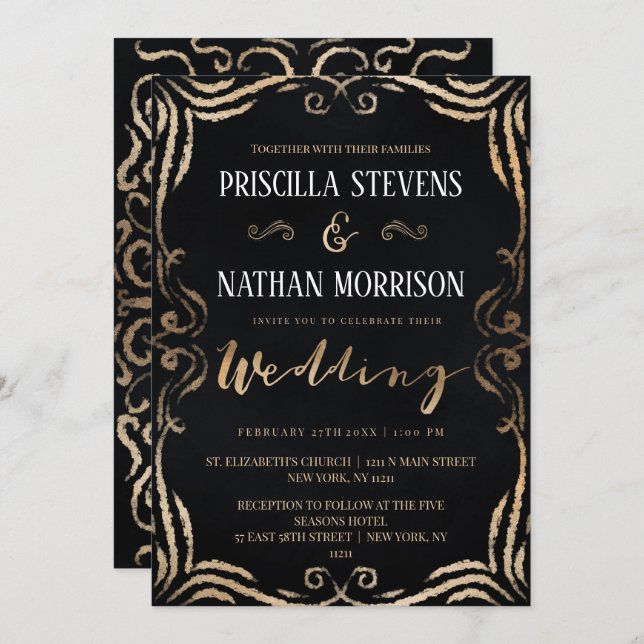 Convites Casamento de Deslocamento Dourado de Vintage Moder (Frente/Verso)