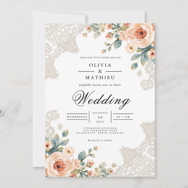 Convites Casamento de Destaque de Lace do Pastel Blossom (Frente)