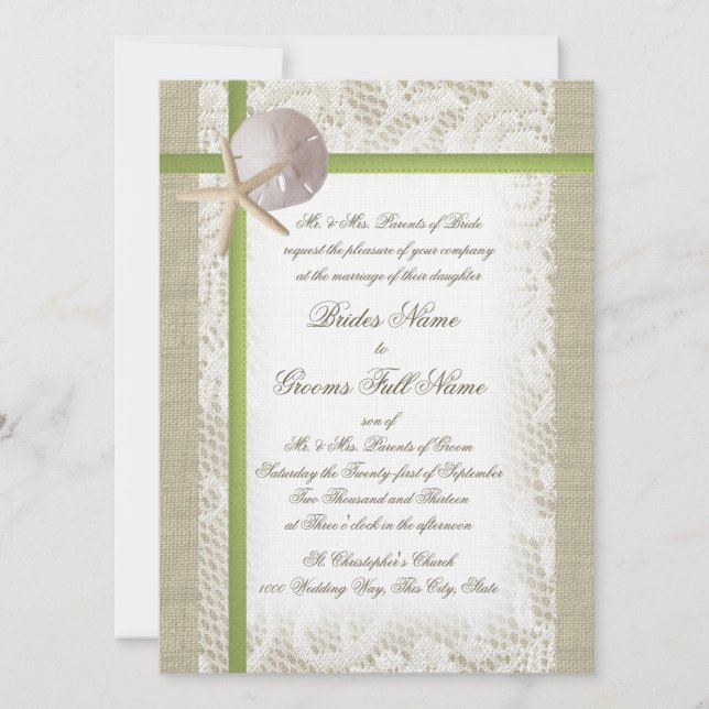 Convites Casamento de Destino Beach Burlap e Lace (Frente)